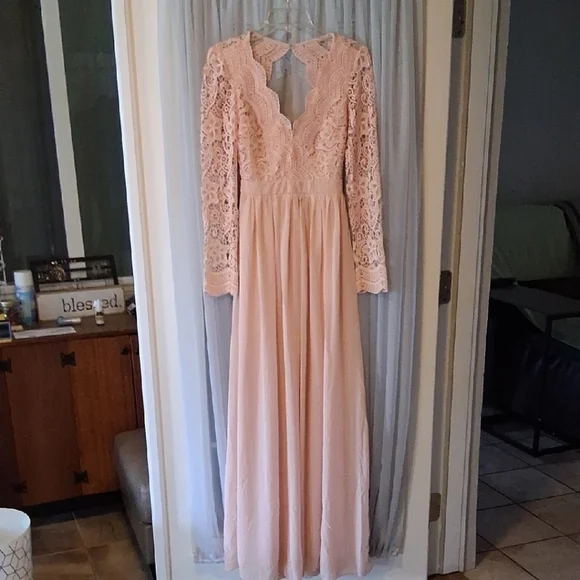 New Pinkblush Pink Long Sleeve Gown with Plunge Neckline - Picture 1 of 7